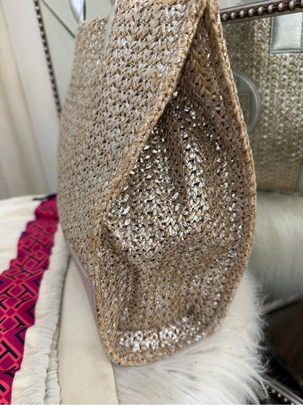 Tory Burch Ella Metallic Straw Raffia Tote Natural Silver Leather - Picture 3 of 7